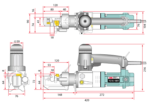 電動油圧式鉄筋カッター(TC16-100V)の寸法図